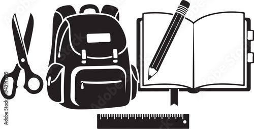 School supplies and backpack on white background illustration