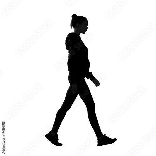 Silhouette of woman walking in profile wearing athletic hoodie and leggings. Female figure in motion during fitness exercise. Sporty girl pedestrian strolling in casual activewear apparel.