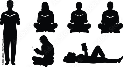 Various postures of people reading books and using digital devices