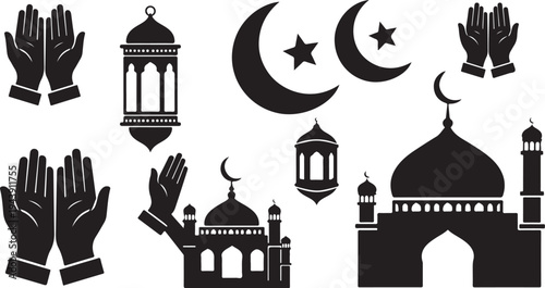 Islamic Symbols and Mosque Architecture in Black Silhouette Style