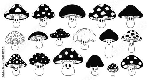 Large set of cute cartoon mushrooms with happy faces and various cap patterns like dots and solid colors on white background.