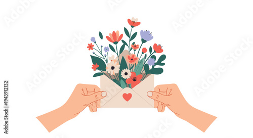 Pair of hands holding an open envelope overflowing with a beautiful bouquet of colorful spring and summer flowers.