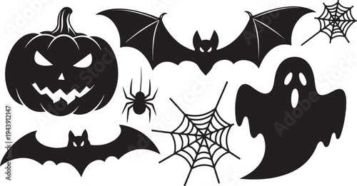 Halloween icons including pumpkins bats spiders and ghosts silhouettes