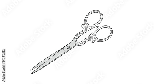 Detailed illustration of vintage ornate metal scissors with decorative carvings on the handles, shown at an angle on white.