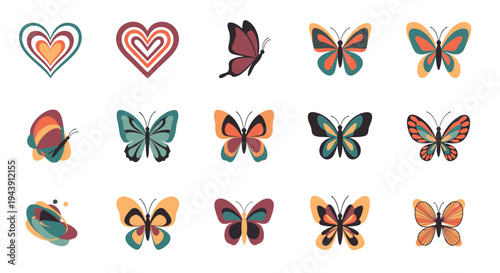 Set of fifteen decorative and colorful butterfly illustrations along with artistic heart symbols in a clean grid layout.