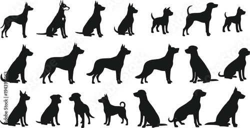 Large collection of dog breed silhouettes featuring various poses like sitting standing and walking black vector icons set for pets.