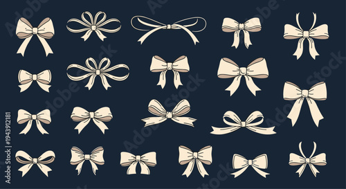 Extensive collection of various cream colored ribbons and decorative bows in different styles on a dark blue background.