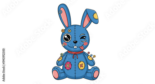 Hand-stitched blue bunny toy illustration with various colorful patches, button eyes, and a cute winking expression.