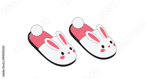 Pair of cute white bunny slippers for girls with long pink ears, rosy cheeks, and fluffy white pom-pom tails on back.
