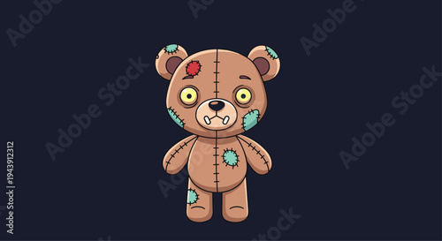 Cute brown patchwork teddy bear toy with multiple colorful stitched patches and yellow eyes on a dark blue background.