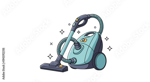 Modern blue canister vacuum cleaner illustration with sparkling clean accents, ideal for home maintenance concepts on white.
