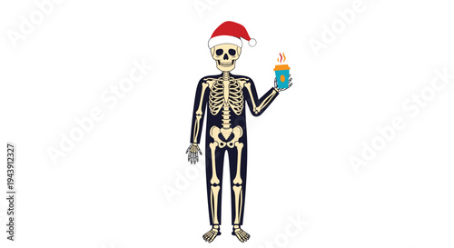 Human skeleton wearing a red and white Santa hat while holding a steaming cup of hot coffee or tea on a white background.