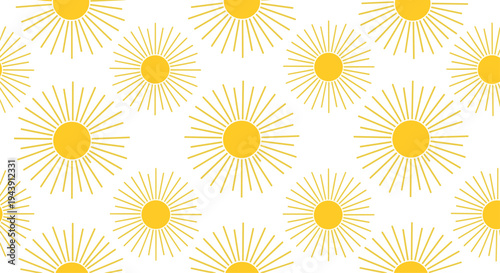 Seamless sun pattern with yellow circular suns and thin rays radiating outward creating a bright and energetic summer wallpaper.