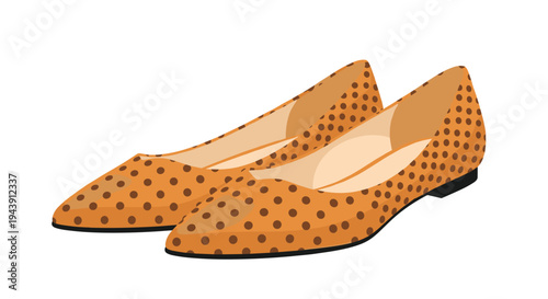 Pair of pointed toe flat shoes featuring a stylish orange and black polka dot pattern isolated on a plain white background.