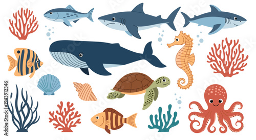 Marine life collection featuring a blue whale, sharks, sea turtle, octopus, and colorful coral reefs on a clean white background.