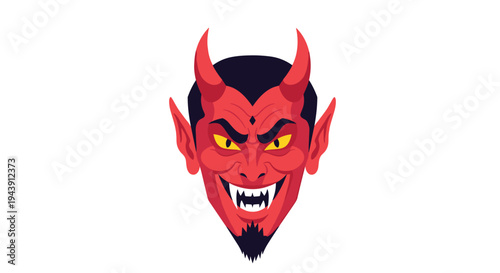 Frightening illustration of a red devil head with sharp horns, yellow eyes, pointed ears, and a goatee beard on a white background.