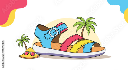 Brightly colored summer sandal design with rainbow straps set against a tropical beach scene with palm trees and a sun hat.