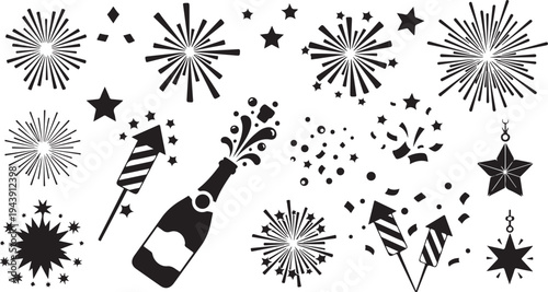 New Year's Eve Celebration Fireworks and Champagne Icon Set