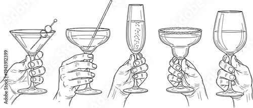 Hands Holding Cocktail Glasses with Various Drinks