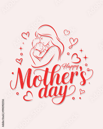 Happy Mother’s Day Typography with Mother and Baby Line Art Heart Illustration Vector