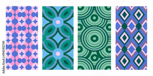 Four vertically arranged panels displaying colorful repeating geometric patterns
