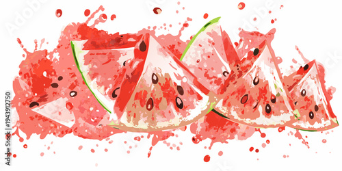 A vibrant splash of watercolor depicting sliced watermelon pieces