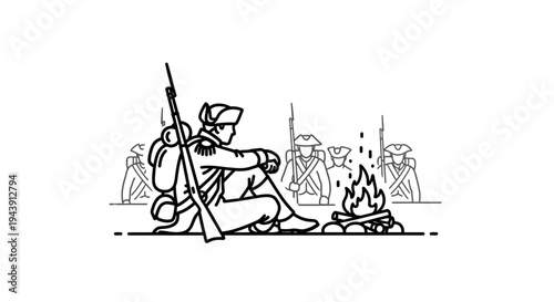 Revolutionary War Soldier Resting by Campfire with Comrades in Background