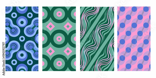 Four vertically arranged panels featuring colorful abstract geometric patterns