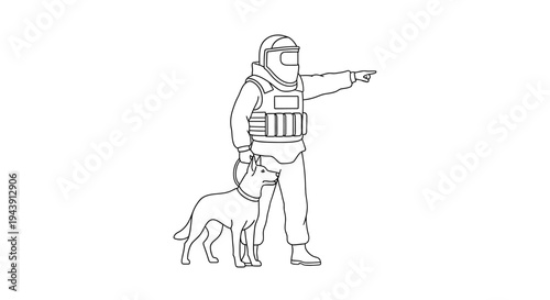 Security Guard with Dog, Protective Gear, Pointing Finger, Security Team