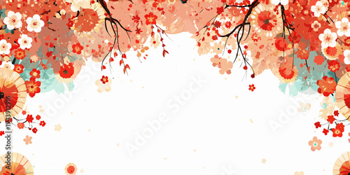 Blooming cherry blossoms and traditional fans create a spring border