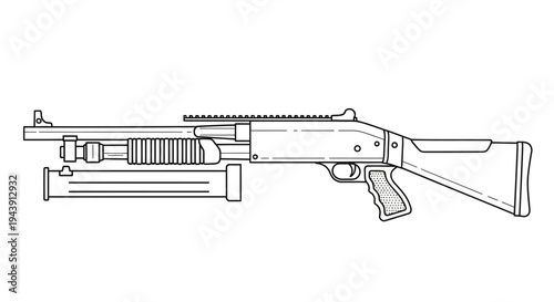 Shotgun weapon line art, tactical firearm, military equipment, hunting gun, security tool, combat weapon