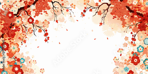 Delicate floral frame featuring blossoming branches and scattered petals