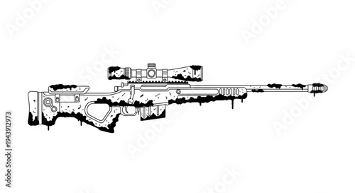 Sniper Rifle Weapon Silhouette with Grunge Texture - Black and White Illustration