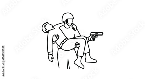 Soldier carrying injured comrade, holding pistol, military rescue, combat medic, evacuation