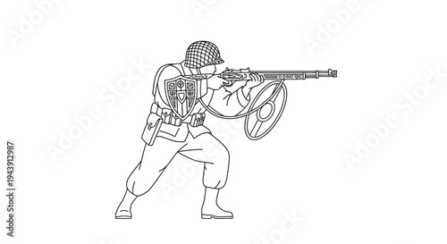 Soldier aiming rifle, historical war illustration, vintage military drawing