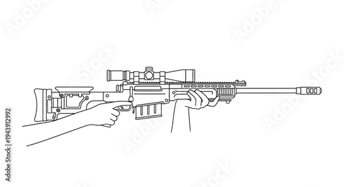 Sniper Rifle Aiming, Hand Trigger Pull, Tactical Weapon with Scope, Military Precision
