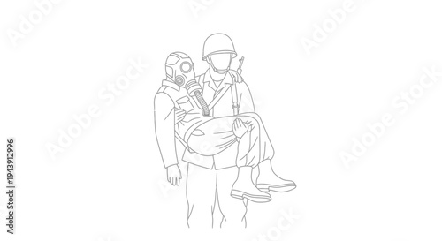 Soldier carrying injured comrade in gas mask, wartime rescue, support, and sacrifice