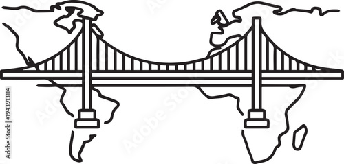 Vector illustration of suspension bridge over world map