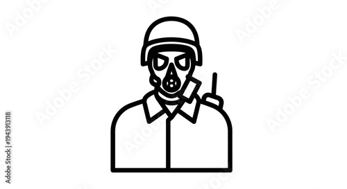Soldier in Gas Mask and Helmet with Radio Icon, Military Communication Concept