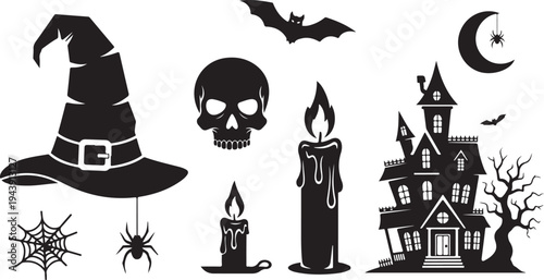 Halloween icons including witch hat and spooky house silhouettes