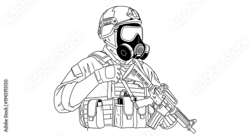 Soldier in Gas Mask and Helmet with Rifle, Military Combat Gear, Outline Drawing