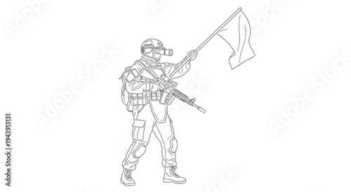 Soldier with Gas Mask and Rifle Surrenders with White Flag