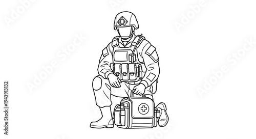 Soldier with Medical Kit Crouching, Military Medic, Combat First Aid, Emergency Response