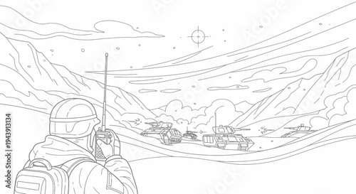 Soldier with radio in mountain landscape, military outpost, communication, exploration