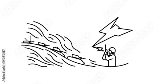 Soldier with radio transmitting signals to tanks in battle, war communication concept