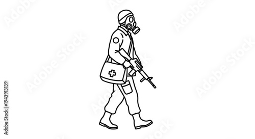 Soldier in Gas Mask and Medical Bag Walking with Rifle, Black and White Line Art
