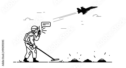 Soldier with metal detector, jet fighter overhead, communication, military operation, battlefield