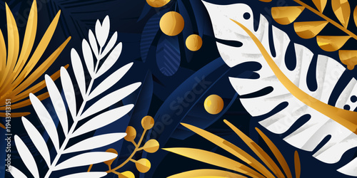 Stylized tropical leaves in shades of gold white and navy blue
