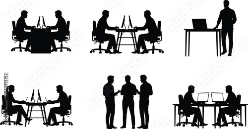 Silhouettes of various office meeting and work scenarios depicted in black and white