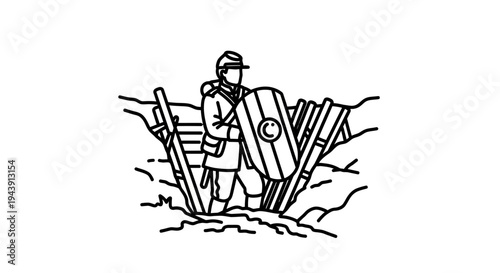 Soldier with shield in trench, historical illustration, military, war, defense, protection